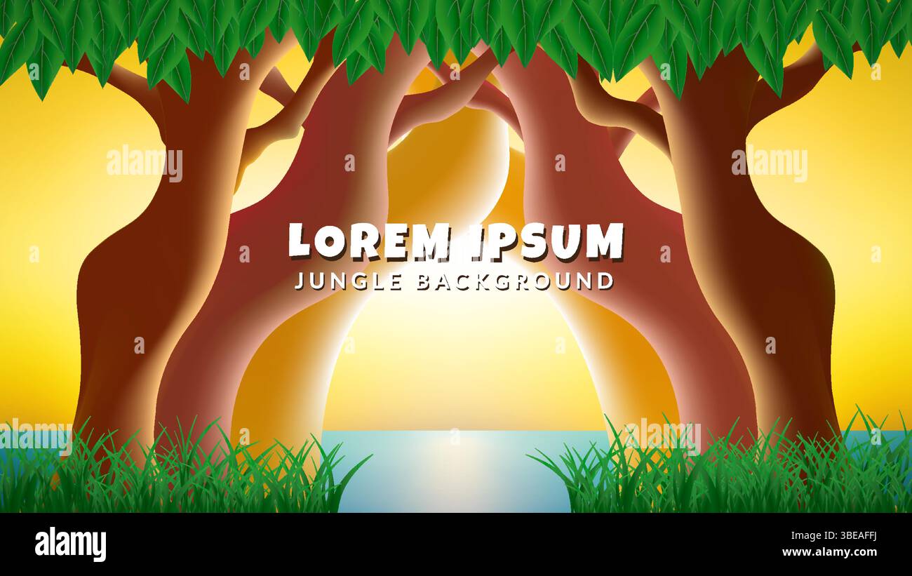 Sfondo luminoso del Jungle Lake. Colorata scena della giungla dei cartoni animati con alberi stilizzati, luce dorata su un lago calmo e vegetazione lussureggiante Illustrazione Vettoriale