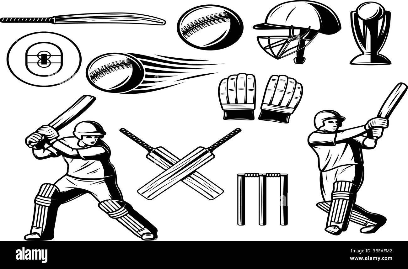 Set icone cricket - giocatori, pipistrello, palla, trofeo, guanto, casco, campo, simbolo, etichetta, distintivo, logo, sigillo, timbro, cartello Illustrazione Vettoriale