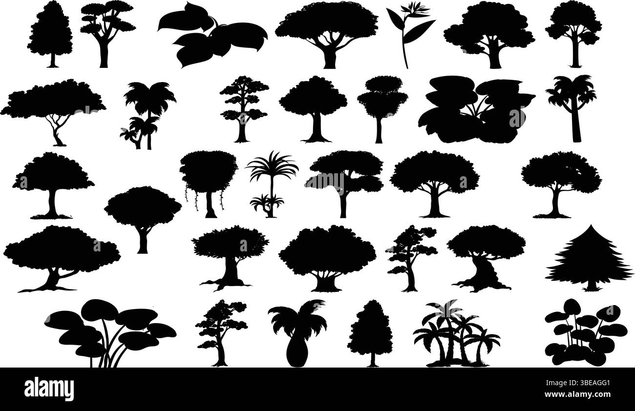 Set icone sagoma albero - Foresta, natura, simbolo di forma botanica, etichetta, distintivo, logo, sigillo, timbro, firma collezione per il design Illustrazione Vettoriale