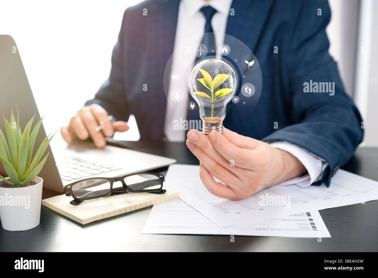 Ecologia negli affari, fonti di energia rinnovabili. concetto di sostenibilità, efficienza energetica, crisi energetica Foto Stock