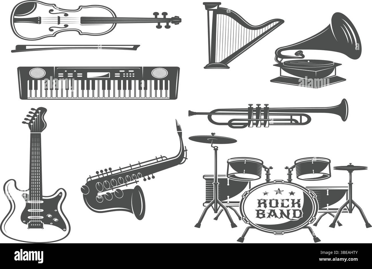 Strumento musicale Tatuaggio Design Vector Set - icone Rock Band ed elementi musicali d'epoca - chitarra, pianoforte, dj set, violino, tromba, vettore armonium Illustrazione Vettoriale