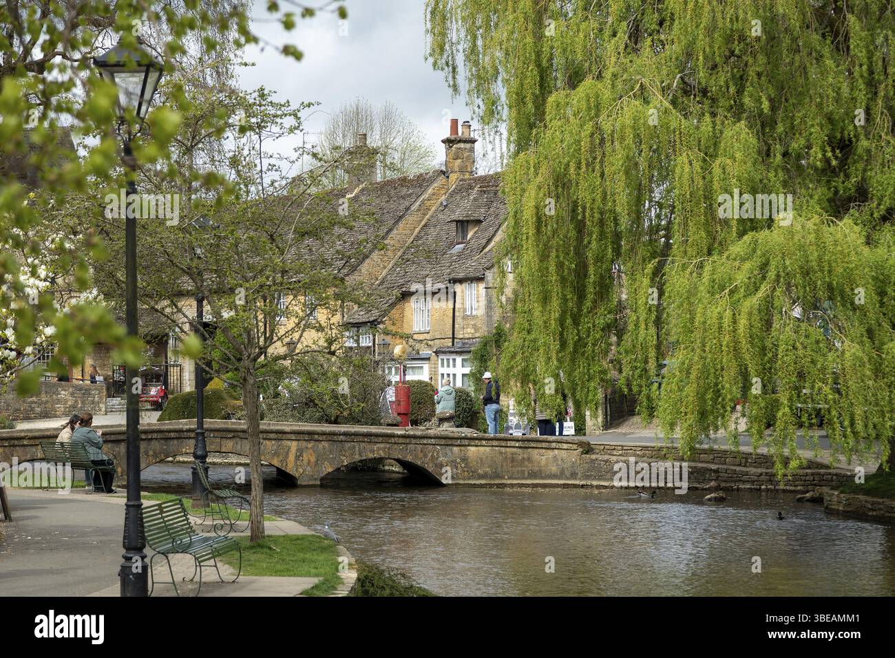 Ponte, fiume Windrush, case, alberi, Bourton-on-the-Water, Cotswolds, Gloucestershire, Inghilterra, Gran Bretagna Foto Stock