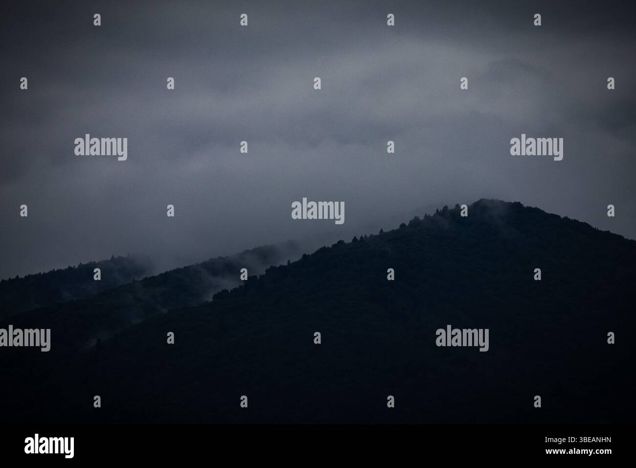 Primo piano di una montagna verde ricoperta di nebbia sotto cieli nuvolosi. Tranquilla vista naturale che simboleggia la calma e i cambiamenti atmosferici nella remota natura selvaggia Foto Stock