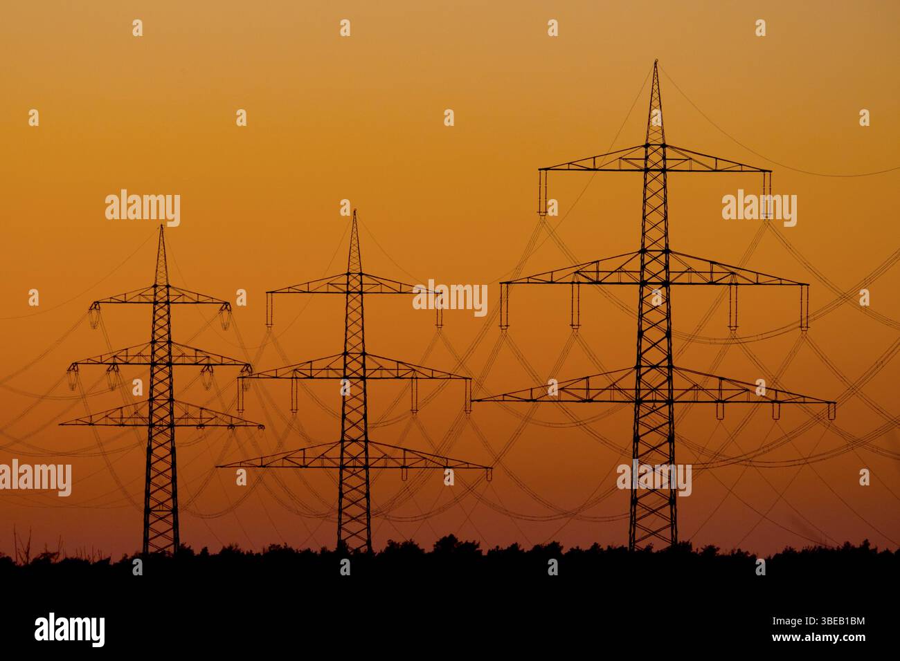 Linea elettrica, linea aerea, linea elettrica, silhouette, tramonto, Repubblica federale di Germania Foto Stock