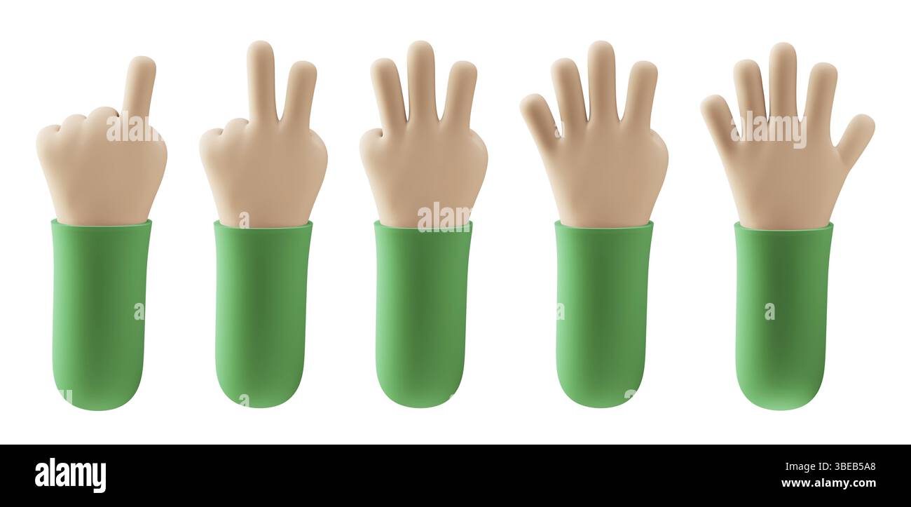 Le mani della persona del cartone animato contano da uno a cinque con le dita. rendering 3d della mano di conteggio. Puntamento, segno di vittoria, ciao gesto. 3d illust di alta qualità Foto Stock