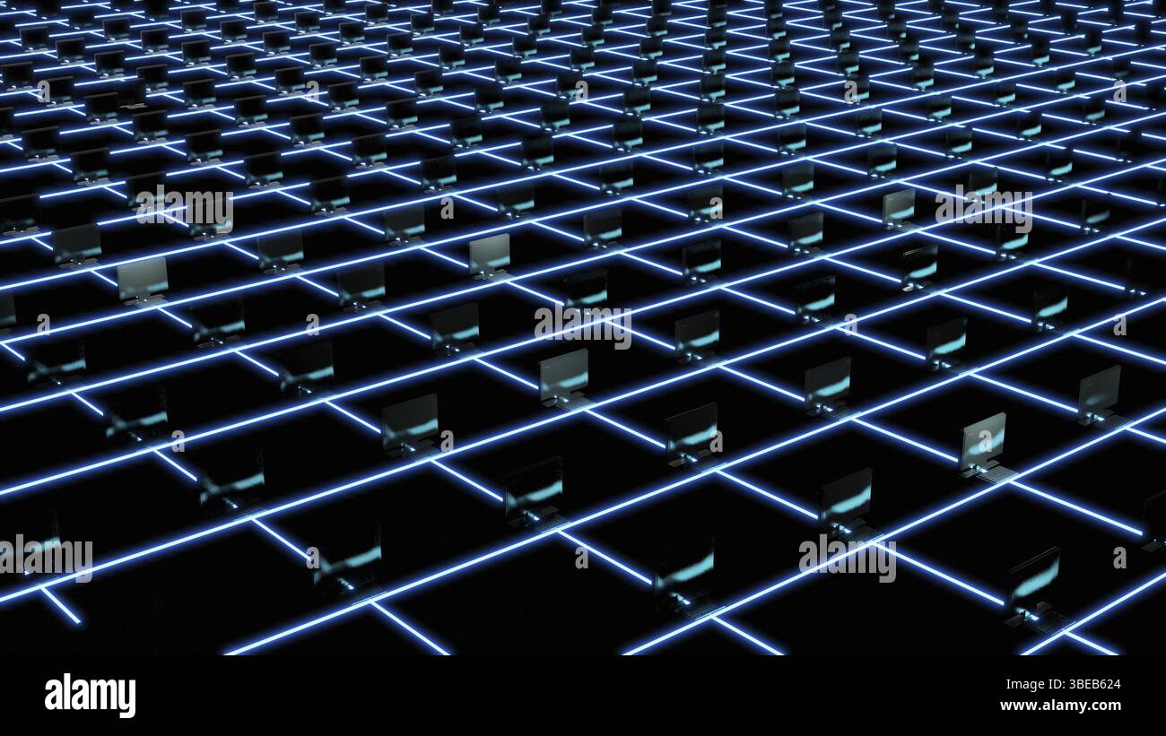 rendering 3d di blochain con computer, mining di criptovalute. Concetto di big data. Intelligenza artificiale. Supercomputer. Illustrati 3d di alta qualità Foto Stock