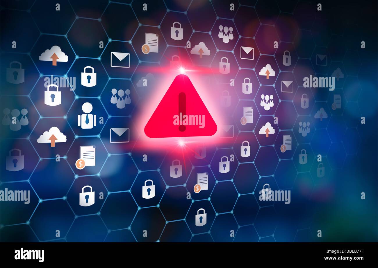 Controllo degli hacker e spionaggio del telefono cellulare. Simbolo di attenzione nell'uso di telefoni cellulari.Alert posta in arrivo e spam virus con attenzione attenzione per Foto Stock