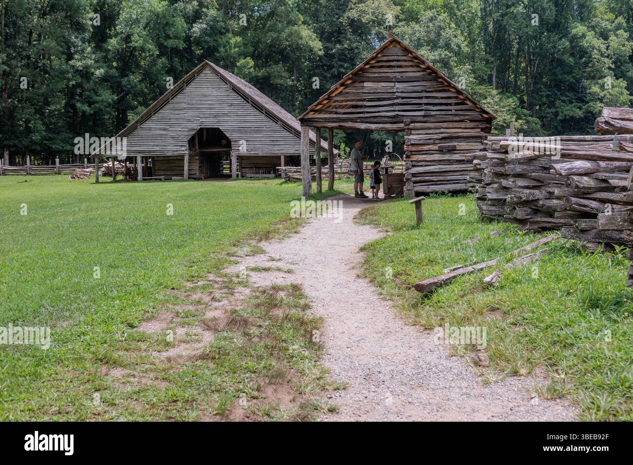 Edifici storici in legno presso l'Oconaluftee Visitor Center presso il Great Smoky Mountains National Park vicino a Cherokee, North Carolina, Stati Uniti Foto Stock