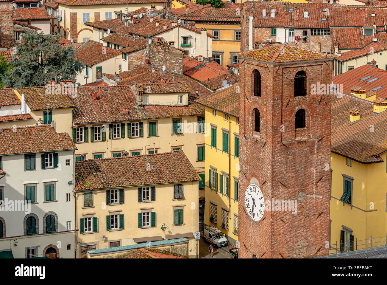 Tetti ed edifici della città di Lucca, visti dalla cima della Torre Guinigi, Lucca, Toscana, Italia Foto Stock