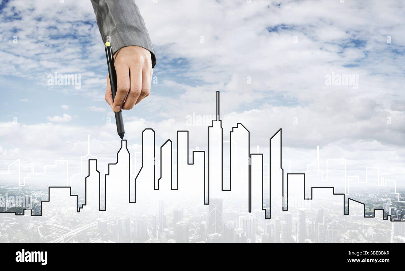 Mano di uomo designer disegno con stilo di progetto di costruzione Foto Stock