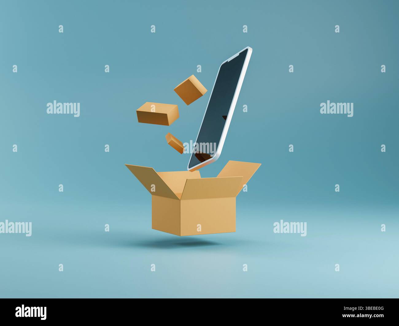 Smartphone con scatola e piccoli pacchi di consegna su sfondo blu. concetto di m-commerce. acquisti online dal telefono. consegna del pacco. rendering 3d. Alto Foto Stock