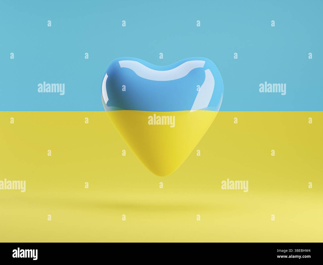 Forma del cuore in colori della bandiera Ucraina su sfondo giallo-blu. 3d rendering del sostegno e del patriottismo dell' Ucraina . Illustrazione 3d di alta qualità Foto Stock
