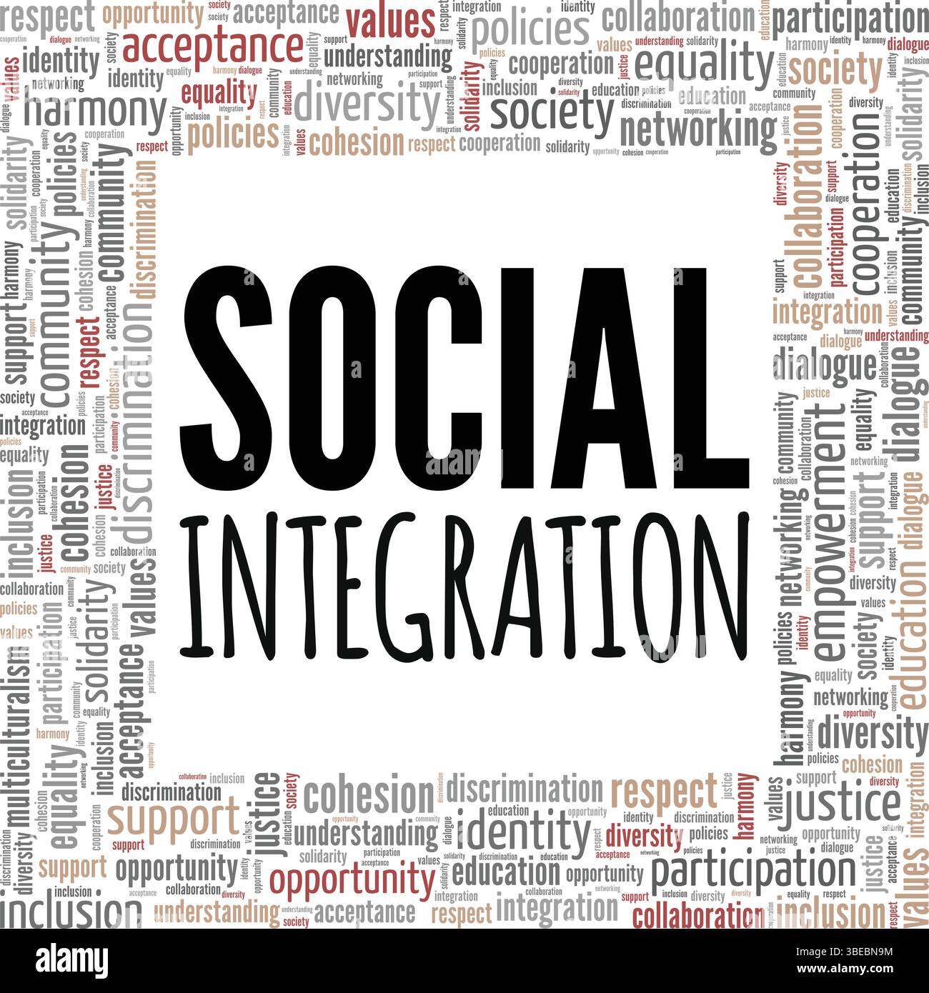 Progettazione concettuale di Word cloud per l'integrazione sociale isolata su sfondo bianco. Illustrazione Vettoriale