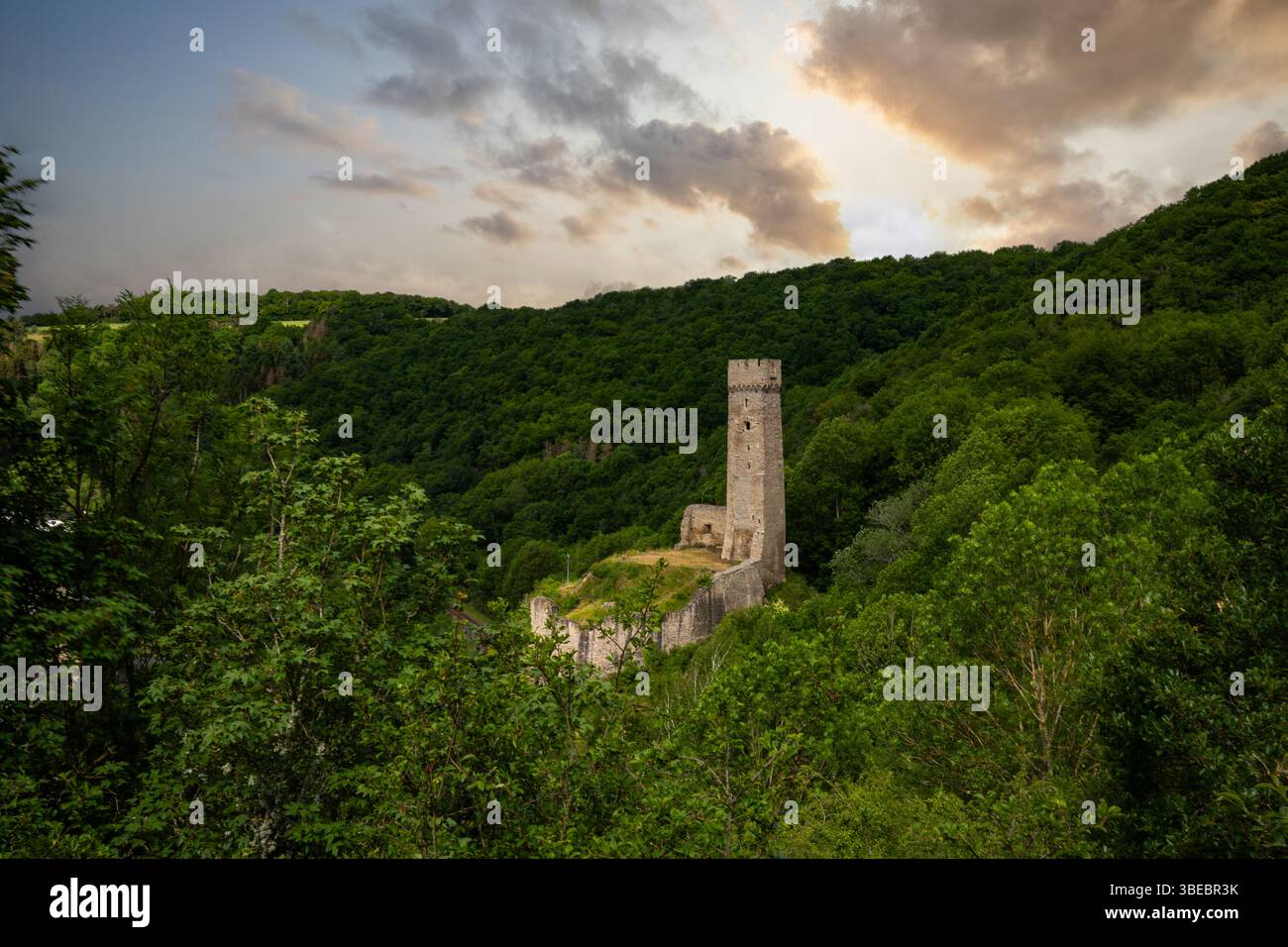 Paesaggio intorno al castello di Löwenburg. Splendide rovine storiche del castello sul torrente Elzbach nel mezzo della foresta. Foto di paesaggi vicino a Monreal Foto Stock