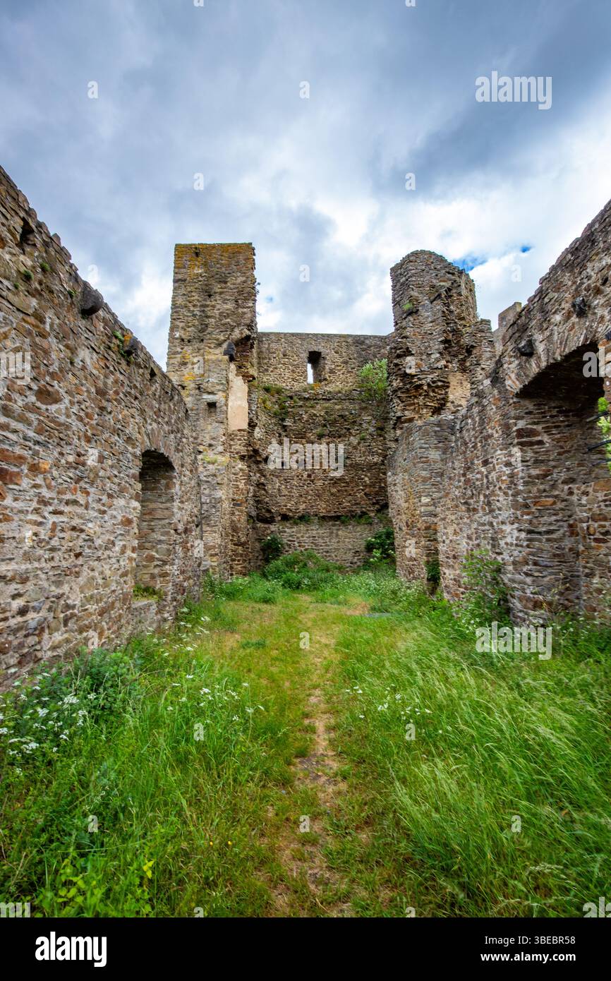 Paesaggio intorno al castello di Löwenburg. Splendide rovine storiche del castello sul torrente Elzbach nel mezzo della foresta. Foto di paesaggi vicino a Monreal Foto Stock