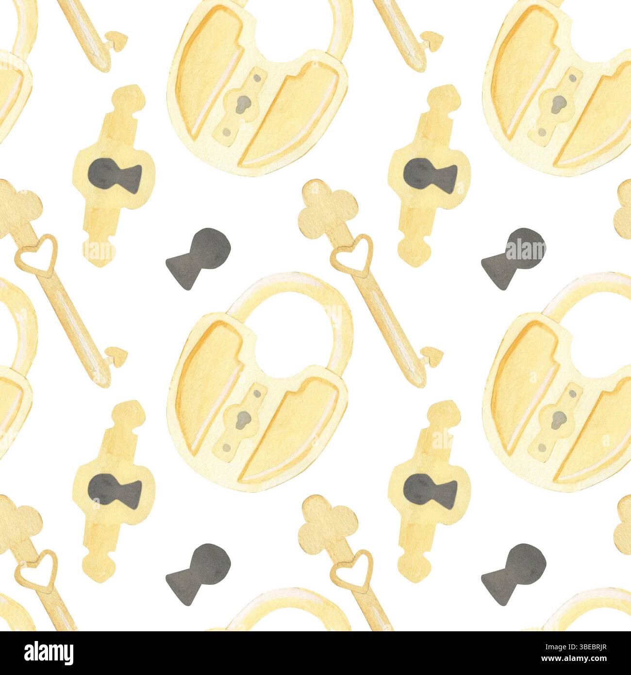 Acquerello da fiaba disegnato a mano con lucchetti, chiavi e buchi dorati. Su sfondo bianco. Perfetto per i tessuti per bambini Foto Stock