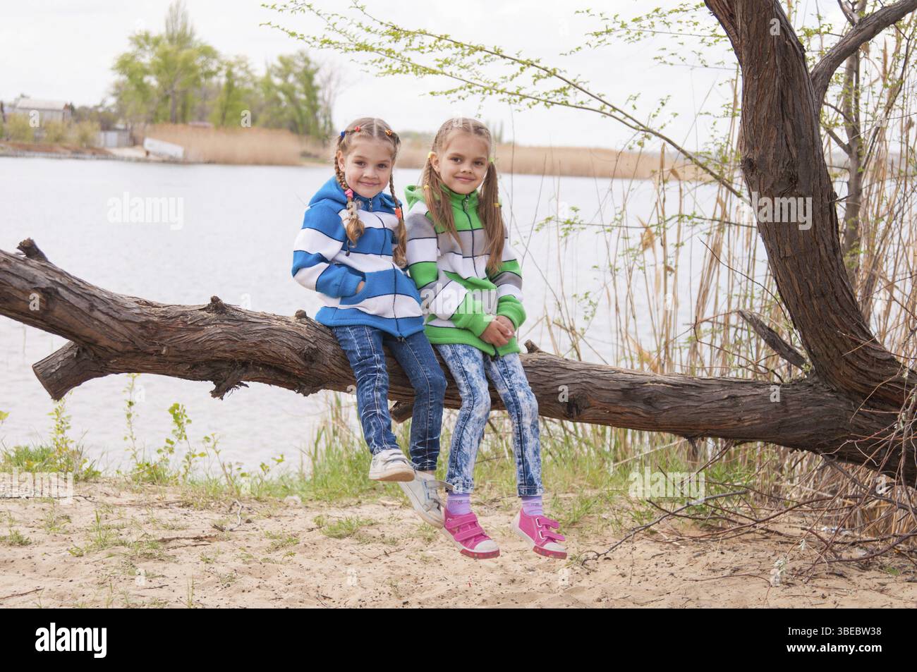 Ragazze in condizioni climatiche fresche di sedersi su un albero caduto sulla banca del fiume e il volto sorridente nel telaio Foto Stock