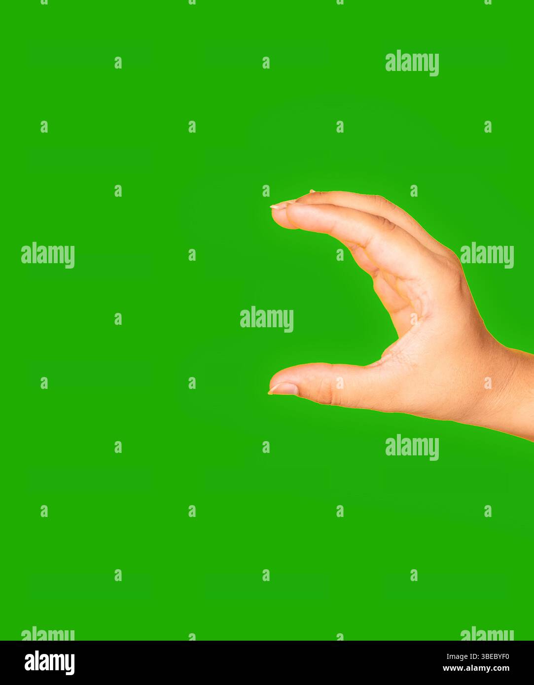 Una foto editoriale pulita e luminosa che mostra un gesto della mano progettato per le moderne applicazioni promozionali o UI. La mano sembra pronta per essere tenuta o prevenuta Foto Stock