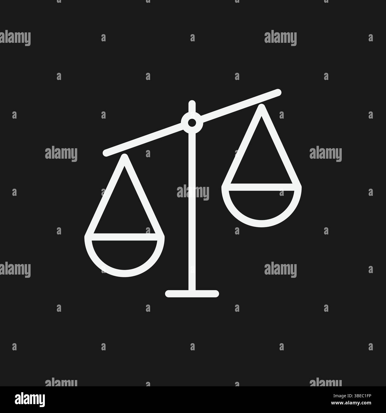 White Outline icona di scale of Justice su sfondo nero solido simbolo di legge, equilibrio legale, equità e autorità giudiziaria per avvocati, tribunali, Illustrazione Vettoriale