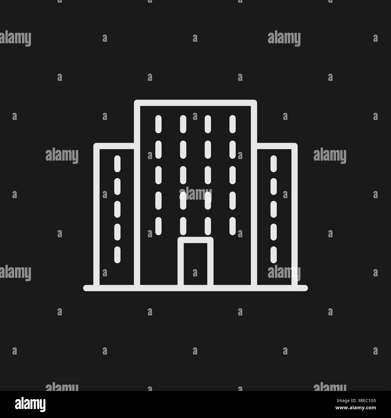 Icona contorno bianco tre edifici cittadini con finestre su sfondo nero, che rappresentano il paesaggio urbano o immobiliare Illustrazione Vettoriale