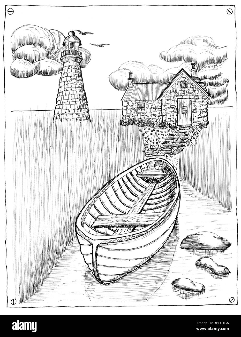 Uno schizzo dettagliato di una scena costiera inglese con una barca e un faro, catturando il fascino marittimo delle coste frastagliate dell'Inghilterra. Foto Stock