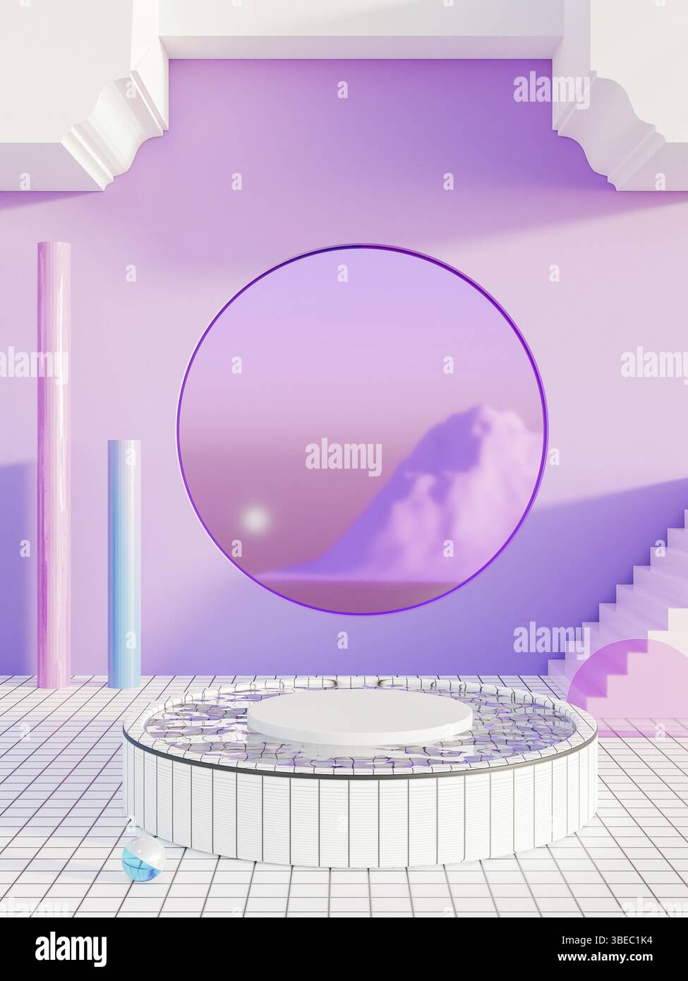 rendering in 3d del design futuristico metaverso degli interni di un appartamento. Colori viola, blu e neon. Illustrazione 3d di alta qualità Foto Stock