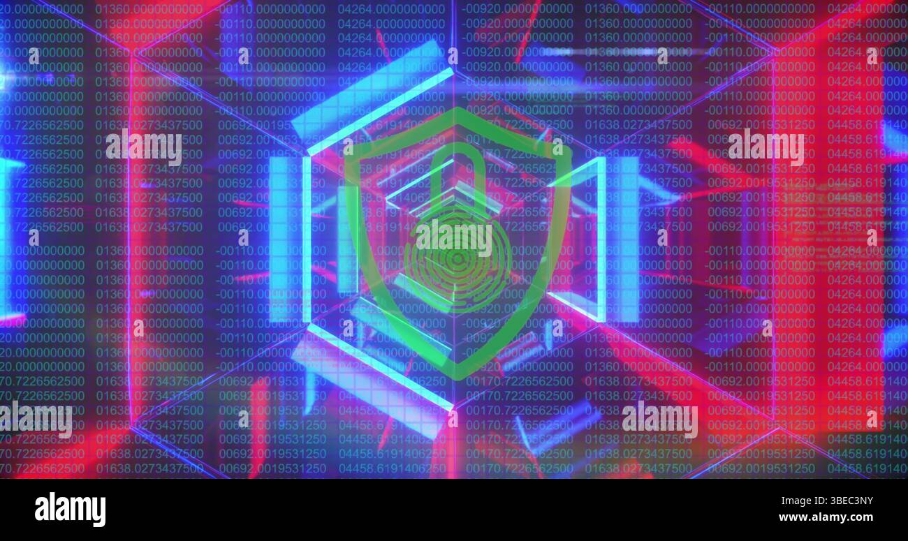 Lucchetto di sicurezza sopra l'icona dello scudo contro il tunnel al neon contro l'elaborazione dei dati Foto Stock