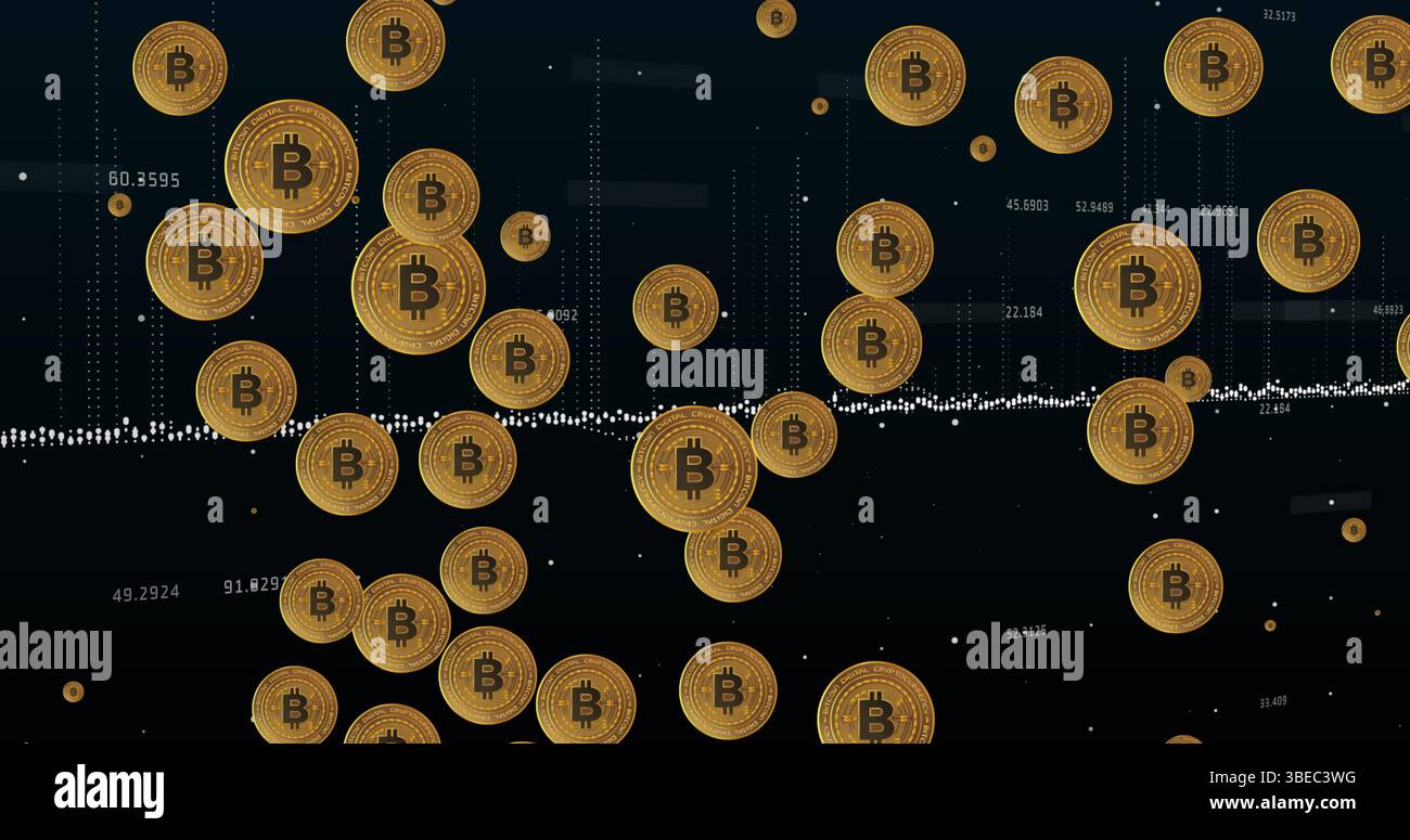 Monete Bitcoin in oro fluttuanti che ruotano sull'interfaccia di trading scura, con linea di prezzo punteggiata Foto Stock