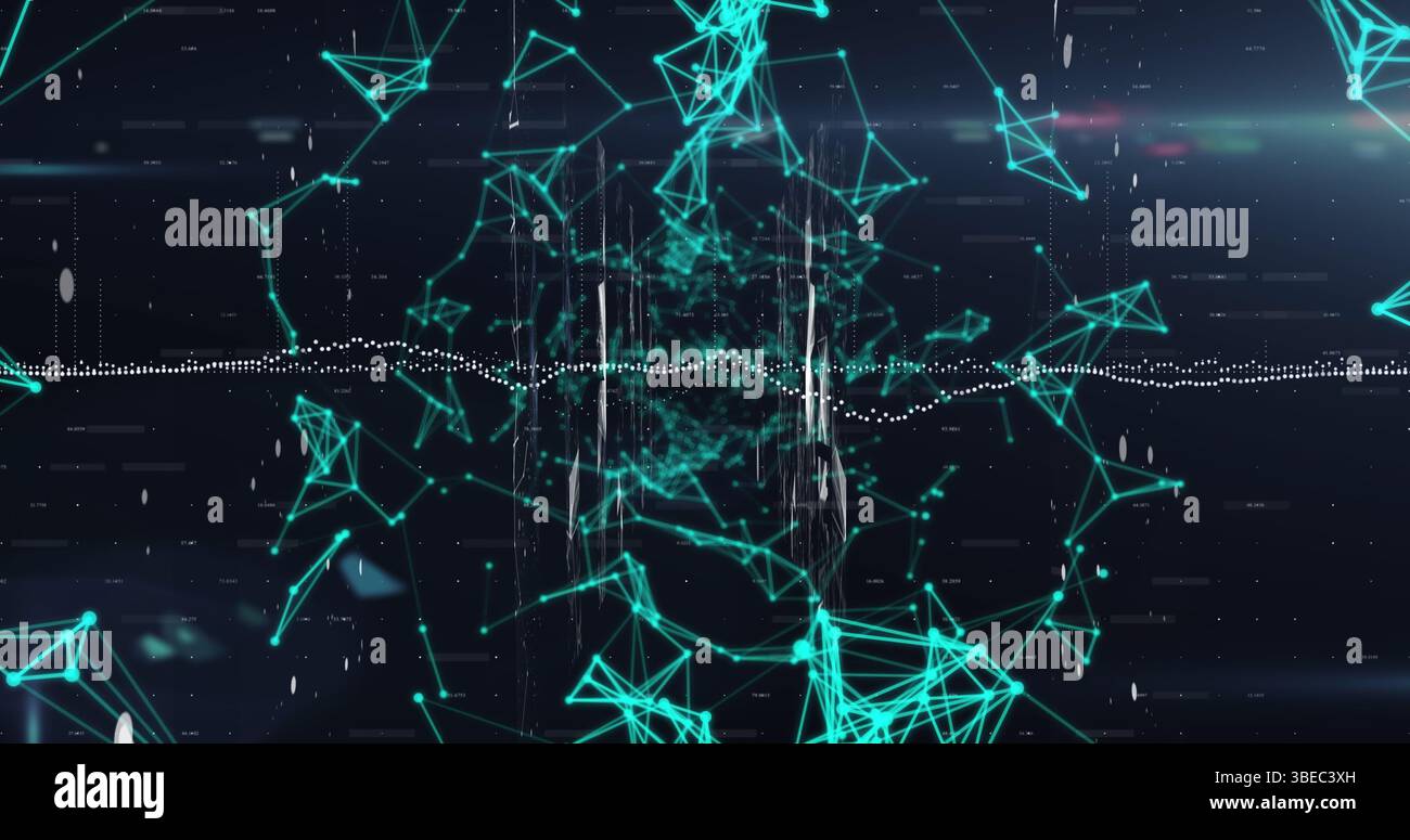 Immagine dell'elaborazione dei dati su una rete di connessioni verde brillante su sfondo blu Foto Stock