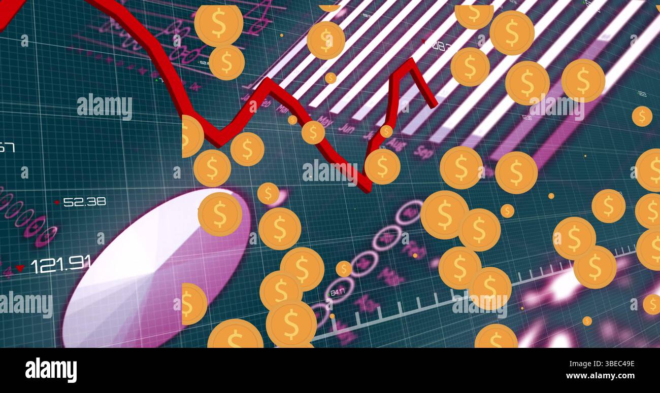 Più icone di simbolo del dollaro sull'elaborazione dei dati statistici su sfondo blu Foto Stock