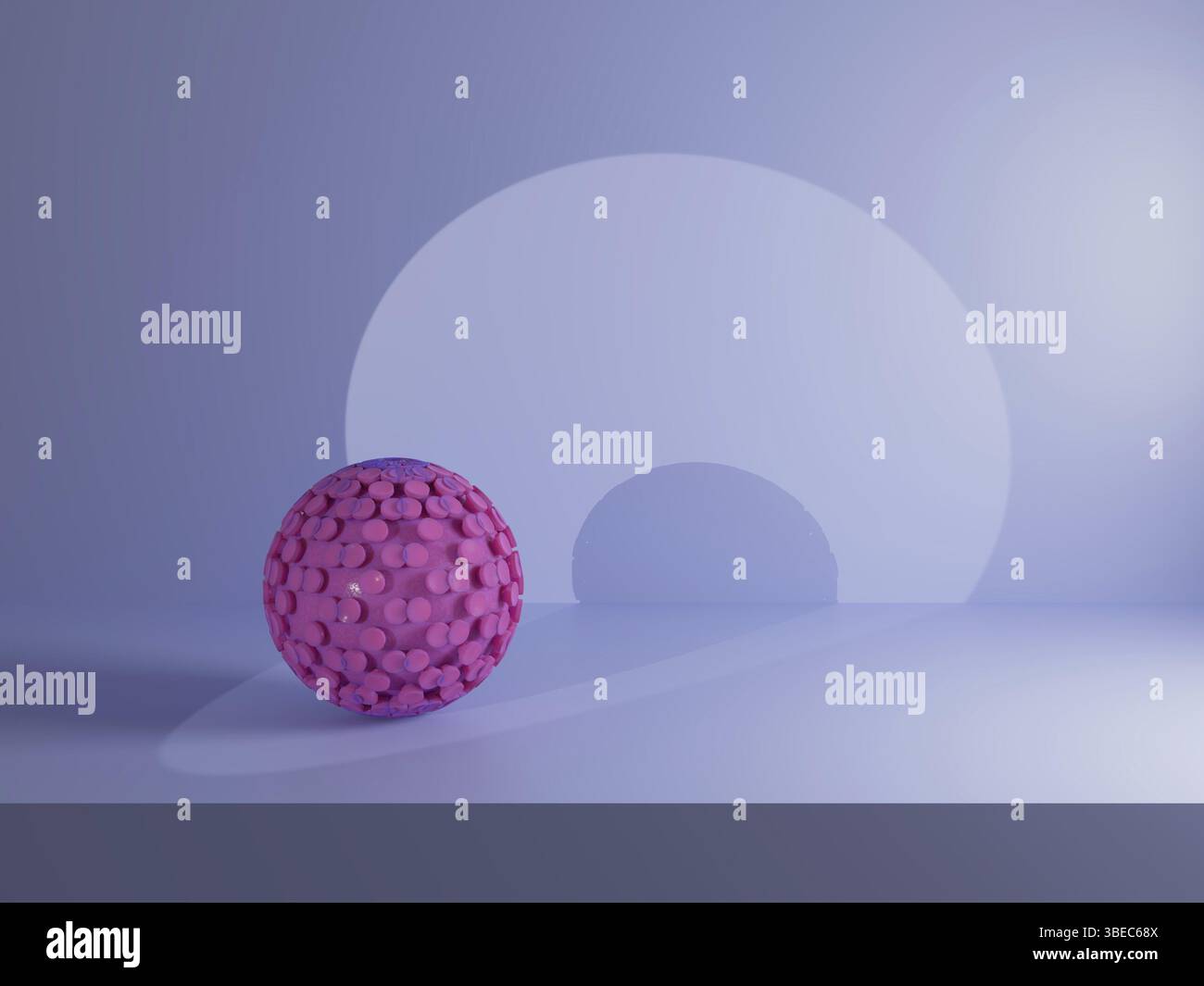 Corpo del virus in studio sotto i riflettori. colori al neon viola e rosa. pandemia, crisi mondiale. Illustrazione 3d di alta qualità Foto Stock