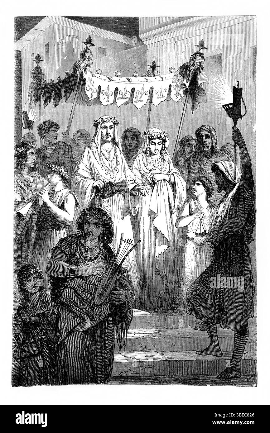 Illustrazione di una processione nuziale ebraica dell'Antico XIX secolo, la Sacra Bibbia contenente l'Antico e il nuovo Testamento con note esplicative, Refe Foto Stock