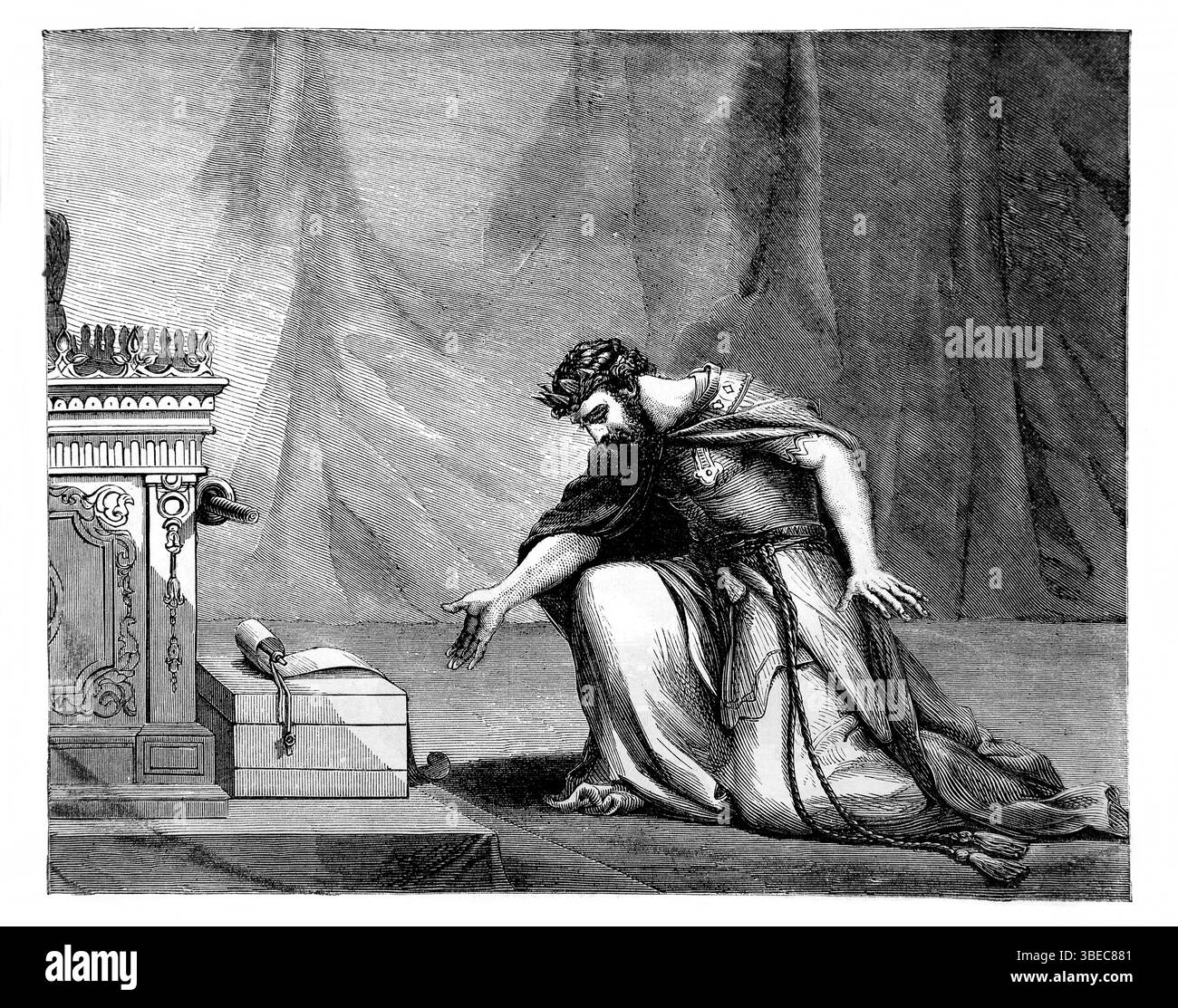 Illustrazione di re Ezechia che posa la lettera minacciosa del re assiro Sennacherib davanti al Signore nel Tempio di Gerusalemme Isaia XXXVII.14 Foto Stock