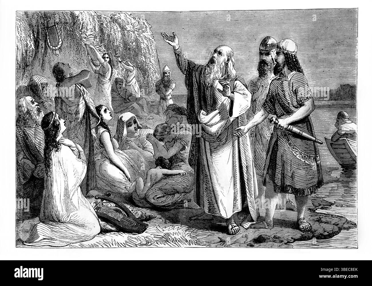 Illustrazione del Salmo CXXXVII.i dei fiumi di Babilonia, lì ci sedemmo, Yea, piandemmo dall'Antica Ottocento la Sacra Bibbia contenente il Vecchio Foto Stock