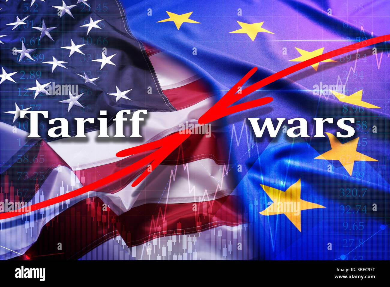 Guerre tariffarie. Bandiere dell'America e dell'Unione europea, grafico e frecce. Doppia esposizione Foto Stock