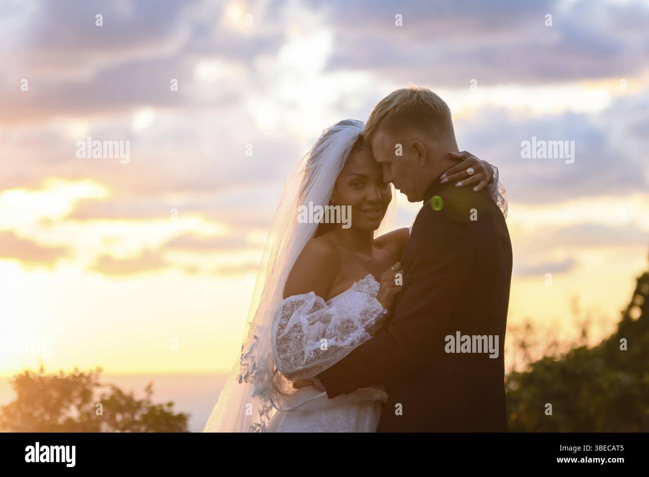 Felici sposi sposi che si abbracciano sullo sfondo di un tramonto retroilluminato Foto Stock