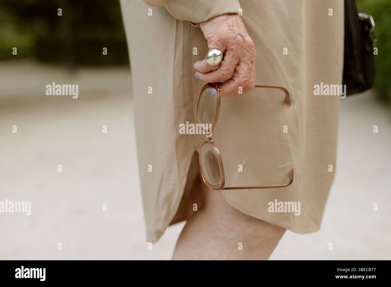 mani di una donna anziana con gli occhiali Foto Stock