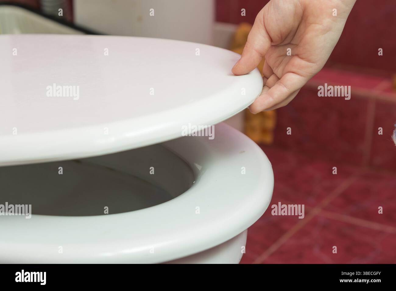 Bambino mette mano al sedile di gabinetto Foto Stock