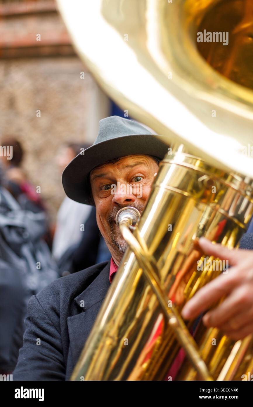 Musicista giocando tuba Foto Stock