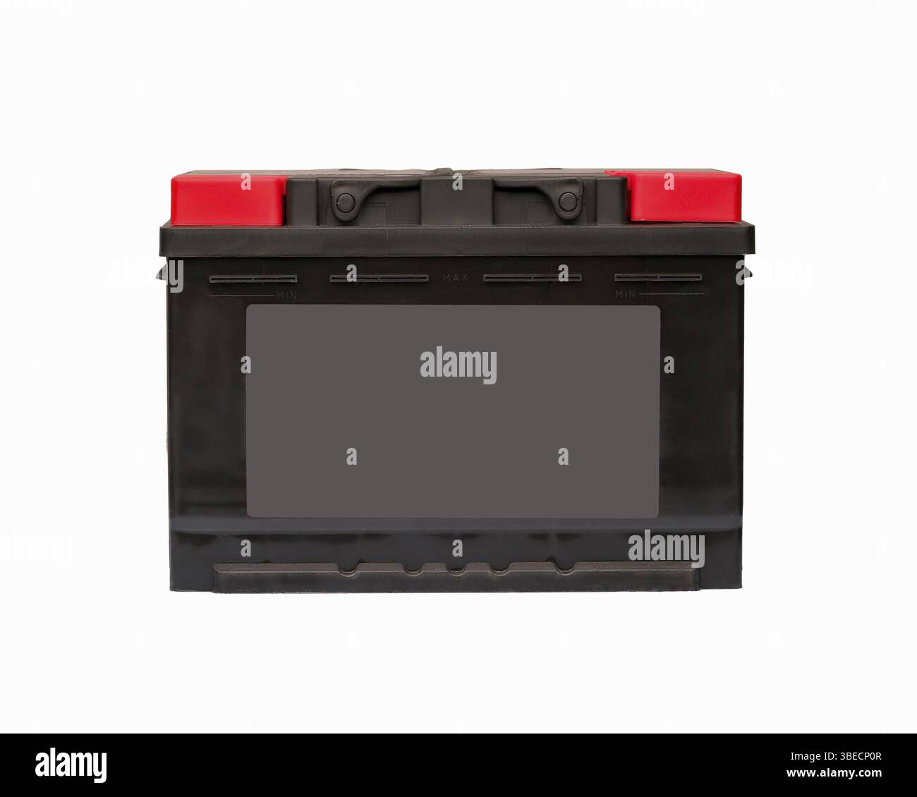 Primo piano della batteria nera per auto su sfondo bianco, vista frontale Foto Stock