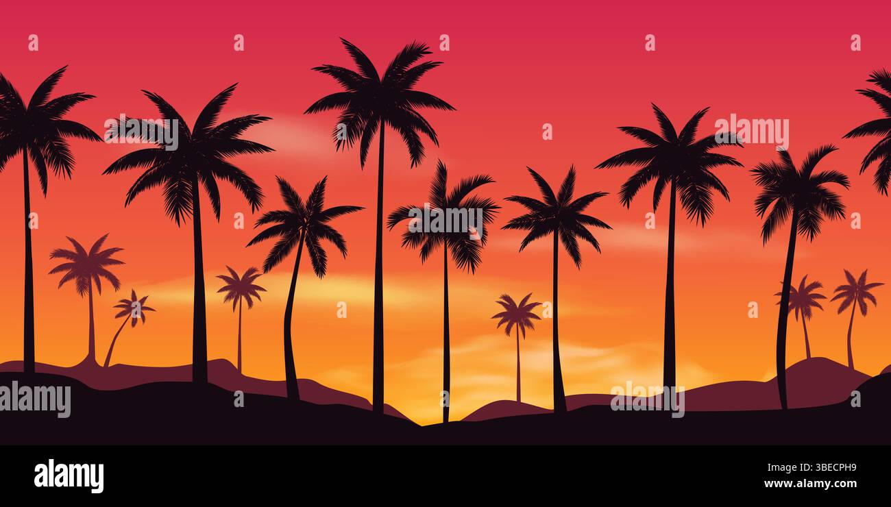 Lo sfondo tropicale orizzontale senza cuciture con la silhouette delle palme allena il cielo rosso brillante del tramonto. Illustrazione vettoriale. Viaggi estivi, banner Beach club desi Illustrazione Vettoriale