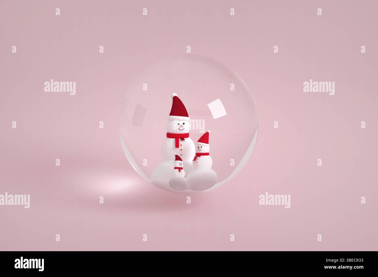 Famiglia di pupazzi di neve con sciarpa e cappello nei colori rosa. Simbolo della neve di Natale. Rendering 3d minimo. Illustrazione 3d di alta qualità Foto Stock