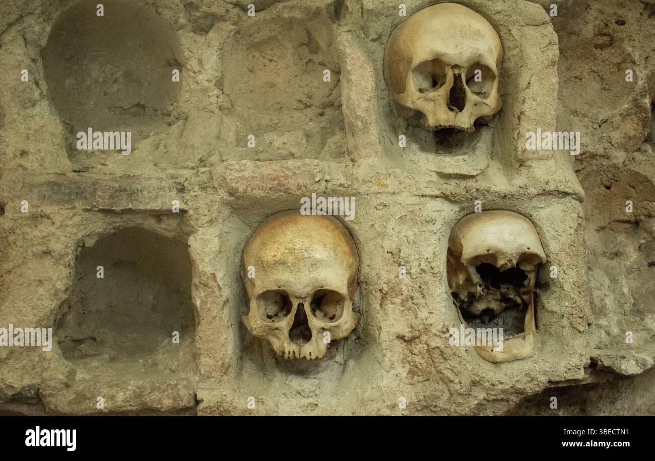 Cranio all'interno della Skull Tower di Nis, Serbia. Cranio umano. Foto Stock