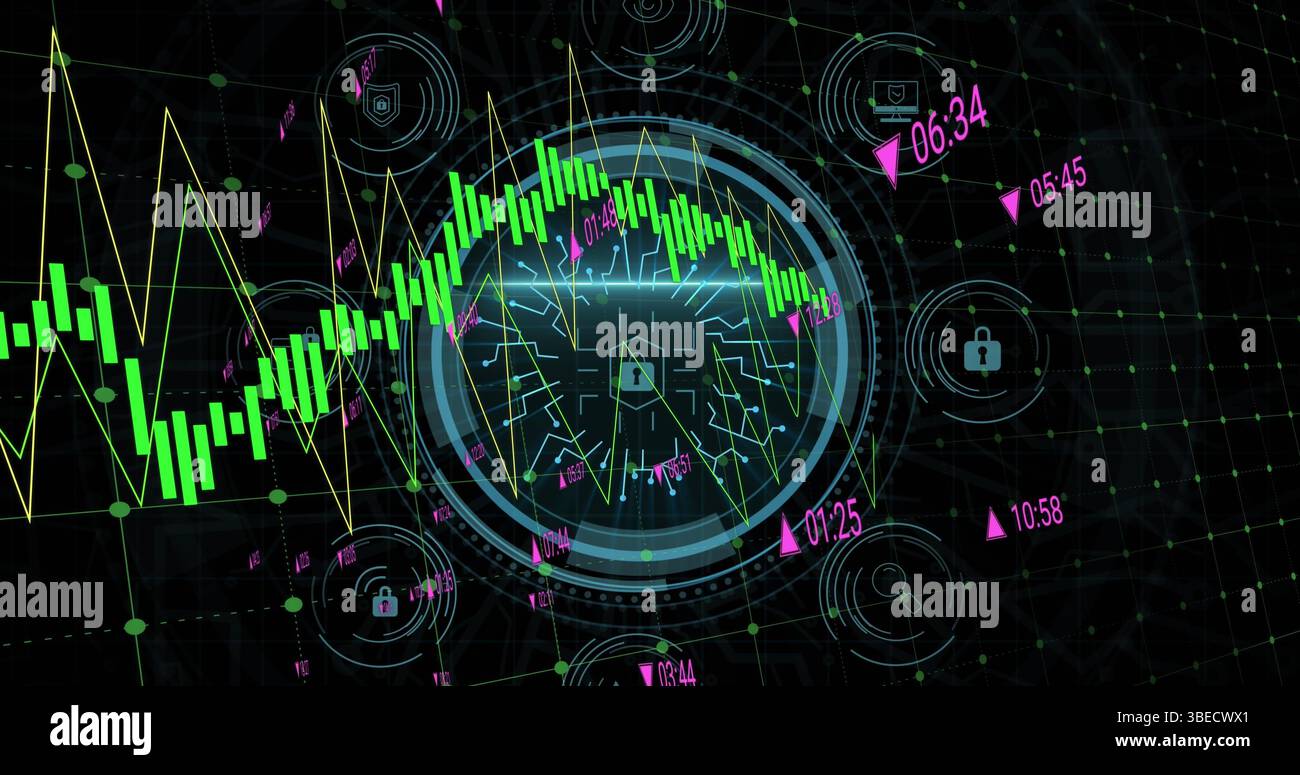 Immagine della sicurezza informatica e lucchetto in cerchio su grafici su sfondo nero Foto Stock