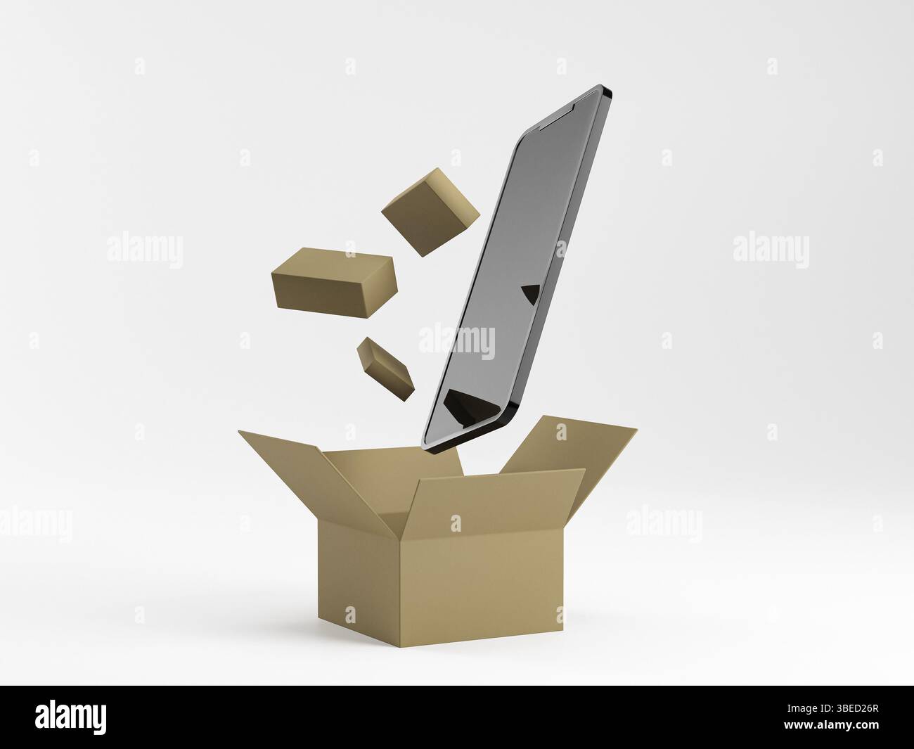 Smartphone con scatola e piccoli pacchi di consegna su sfondo blu. concetto di m-commerce. acquisti online dal telefono. consegna del pacco. rendering 3d. Foto Stock