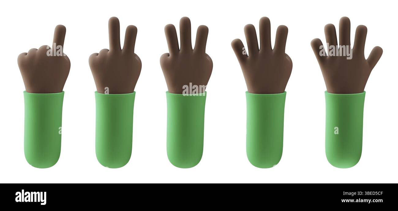La persona dei cartoni animati ha le mani nere che contano da uno a cinque con le dita. rendering 3d della mano di conteggio. Puntamento, segno di vittoria, ciao gesto. 3d di alta qualità Foto Stock