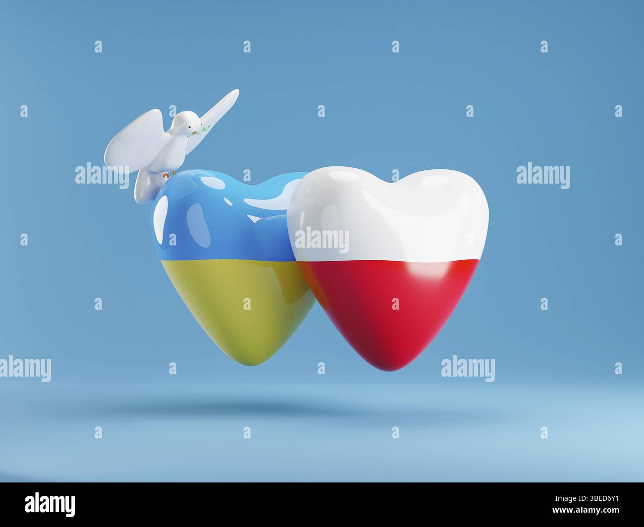 Colomba di pace con il ramo verde e ucraino e polacco sente.rendering 3d della Polonia a sostegno dell'Ucraina nel 2022. Illustrazione 3d di alta qualità Foto Stock
