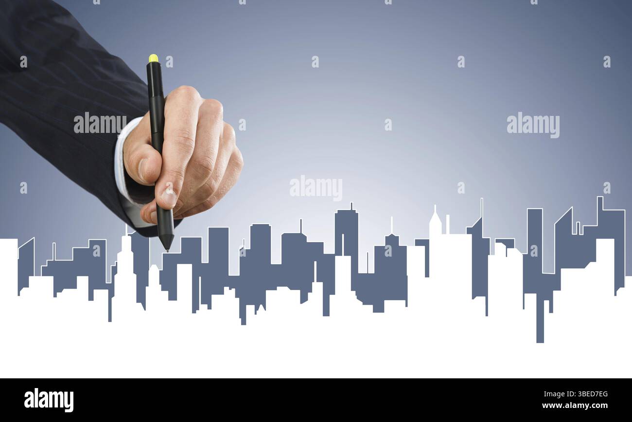 Mano di uomo designer disegno con stilo di progetto di costruzione Foto Stock