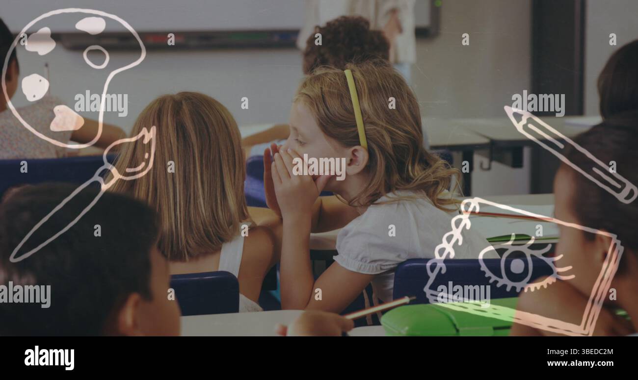 Ragazza pendente con fascia gialla che sussurra per l'accompagnatrice alle scrivanie dell'aula, con rivestimento a doodle Foto Stock