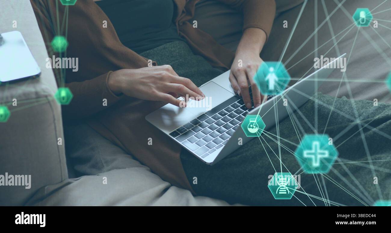 Immagine della rete di connessioni su notebook e laptop Foto Stock